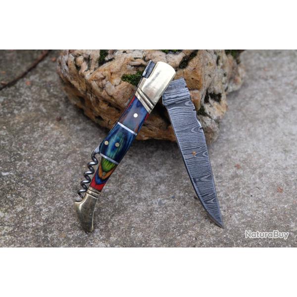 Couteau Damas Lame 128 Couches Fa�on Laguiole Abeille Manche Cocobolo Tire Bouchons Fabr ArtisanaleC
