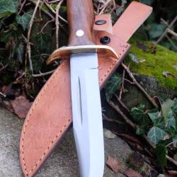 Poignard Bushcraft Couteau de Chasse Survie Lame Carbone 1055 Manche Bois/Acier Etui Cuir F ArtisanA