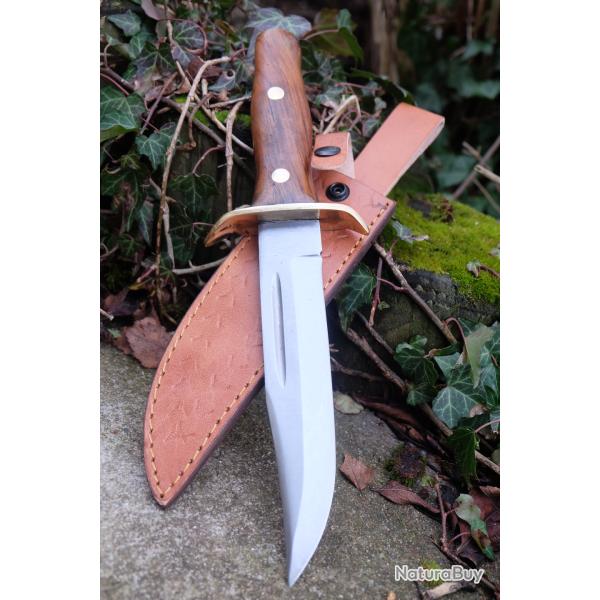 Poignard Bushcraft Couteau de Chasse Survie Lame Carbone 1055 Manche Bois/Acier Etui Cuir F ArtisanA