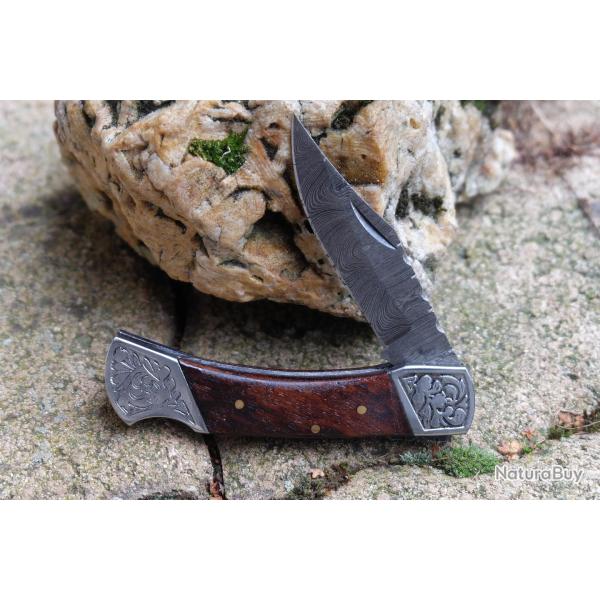 Couteau Lame Damas 128 Couches Style Buck 112 Manche Rosewood Fabr Artisanale S�curit� Lockback 01