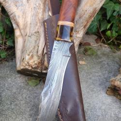 Beau Poignard Couteau Legolas Damas Lame 256 Couches Manche Bois Fabrication Artisanale Etui Cuir