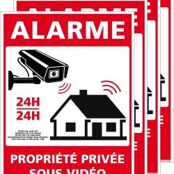 Lot de 4 panneau Alarme Vid&eacute;o Surveillance 24h/24-75 x 105 mm - Autocollant
