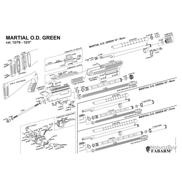 Pi�ces d�tach�es fusil � pompe Fabarm O.D Green Barre d'armement complete fusil a pompe
