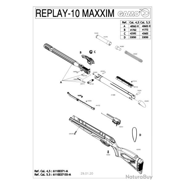 Pi�ces d�tach�es GAMO Replay 10 Maxxim 19.9J 4.5 mm 41762 - Groupe chargement REPLAY-10