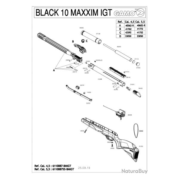 Pi�ces d�tach�es GAMO Black 10x Maxxim IGT 29J 4.5 mm 36040 - Cylindre piston Igt Black Fusion Mach 