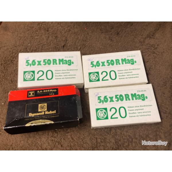 Lot 5 cartouches 5,6x50R Mag T-Mantel RWS + 51 �tuis neuf + 10 �tuis + 9 �tuis tir�s 1x RWS