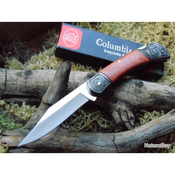 Couteau de poche ergonomique columbia - gravure fleurs - blocage lame - neuf