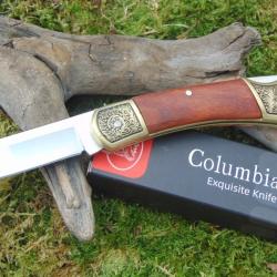 Couteau pliant columbia - manche bois brun  d&eacute;cor floral - lame 8.5cm - neuf