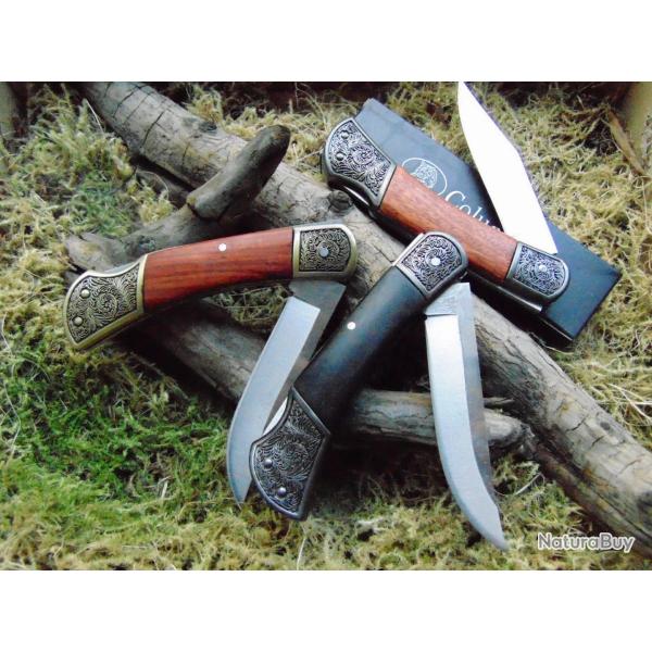 Lot de 3 couteaux pliants columbia - manche bois  d�cor floral - lame 8.5cm - neuf