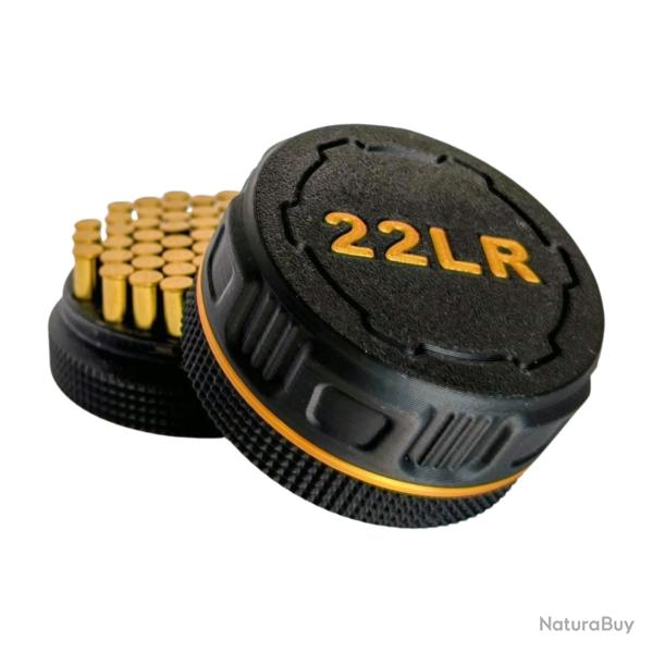 Bo�te � munitions 22LR, Noire et dor�e Couvercle � vis, robuste et pratique. Empilable. Vendue vide.
