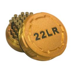 Bo&icirc;te &agrave; munitions 22LR dor&eacute; et noir. Ronde, pratique, robuste, design. Empilables, couvercle &agrave; vis.