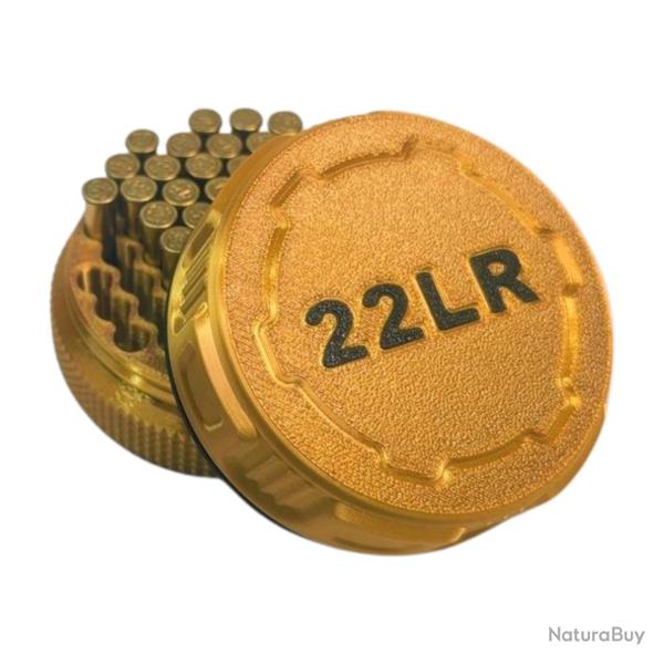Bo�te � munitions 22LR dor� et noir. Ronde, pratique, robuste, design. Empilables, couvercle � vis.