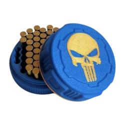 Bo&icirc;te &agrave; munitions 22LR bleue et dor&eacute;e Empilables, couvercle &agrave; vis. robuste pratique et design.