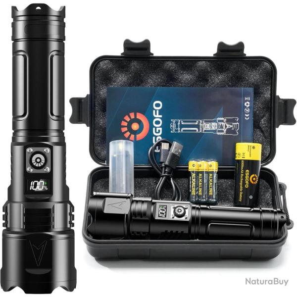 Lampe Torche Tactique Led 1000000 Lumen Ultra Puissante Etanche IPX6 3 Modes USB C Affichage LCD