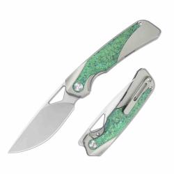 Couteau Kizer Topsail Lame Acier M390 Manche Titane & Titane Cristallis&eacute; Vert Frame Lock Ki3735A4 -