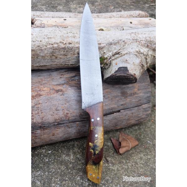 Couteau De Cuisine D'Office Lame Acier Damas 256 Couches Manche R�sine Gold Fabric Artisanale