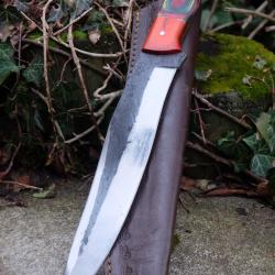 BIG Couteau Buscharft Survie Lame Clip Point Acier Carbone 1075 Etui Cuir Manche Bois Fab Artisanat