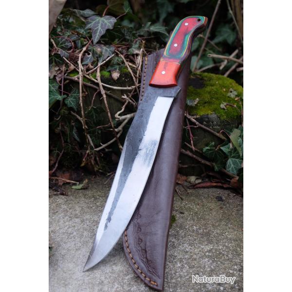 BIG Couteau Buscharft Survie Lame Clip Point Acier Carbone 1075 Etui Cuir Manche Bois Fab Artisanat