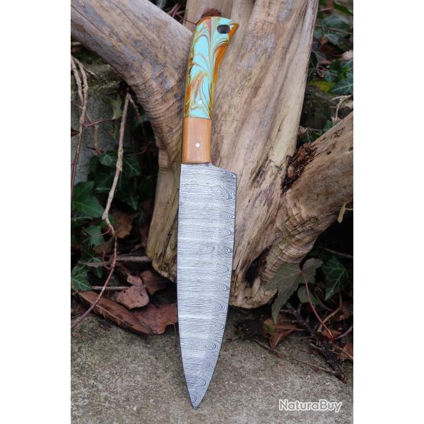 Couteau De Cuisine de Chef Lame Acier Damas 256 Couches Manche R�sine Fabrication Artisanale