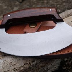 Couteau D'esquimau Ulu Inuit Lame Acier Carbone 1055 Manche Bois Etui Cuir Fabrication Artisanale