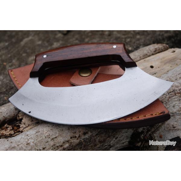 Couteau D'esquimau Ulu Inuit Lame Acier Carbone 1055 Manche Bois Etui Cuir Fabrication Artisanale