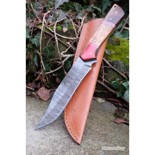 Couteau Bowie De Chasse Manche Bois Lame Clip Point Acier Damas 256 Couches Etui Cuir F Artisanale