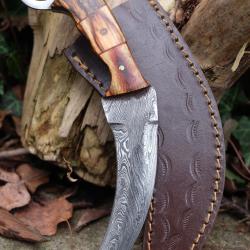 Couteau Karambit Lame Acier Damas 256 Couches Manche Bois Avec Anneau Etui Cuir Fabr Artisanale