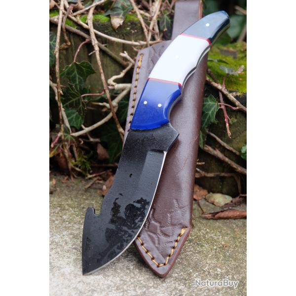 Couteau de Chasse � d�pecer Crochet Lame Acier Carbone 1055 Black Manche R�sine Etui Cuir Artisan A