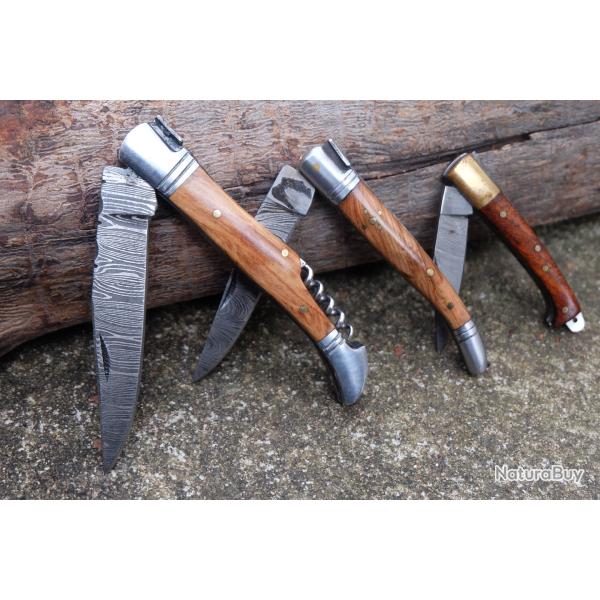 Lot de 3 Couteau Damas Lame Acier 128 Couches Fa�on Laguiole Abeille Manche Bois Fabr Artisanale