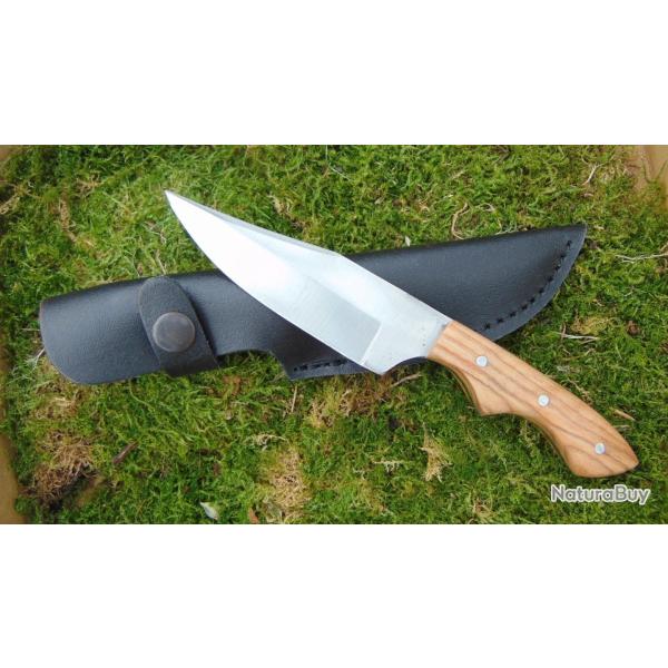 Couteau de Chasse et Outdoor - Manche en Bois de tek - Lame Inox 11cm - �tui Cuir