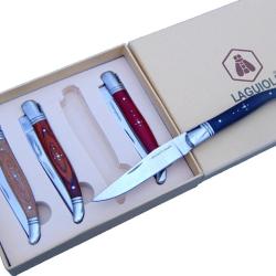 Coffret de 4 Couteaux Laguiole Pliants - Manches Bois Multicolores - Lame 90mm