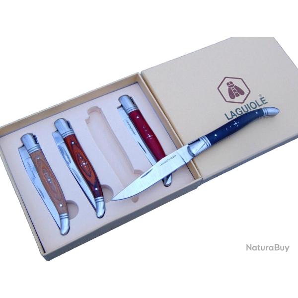 Coffret de 4 Couteaux Laguiole Pliants - Manches Bois Multicolores - Lame 90mm