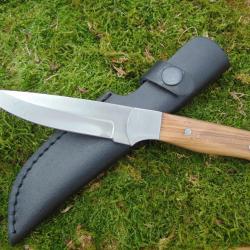 Couteau Outdoor Bushcraft - Manche Bois de Teck Poli - Lame Acier 95mm - &Eacute;tui Ceinture