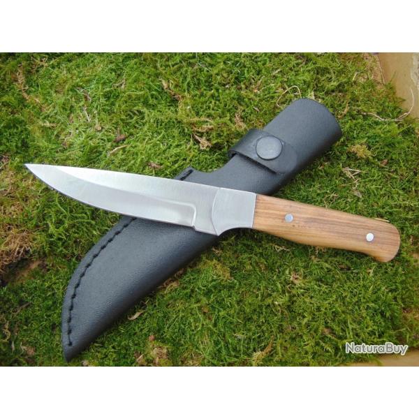 Couteau Outdoor Bushcraft - Manche Bois de Teck Poli - Lame Acier 95mm - �tui Ceinture
