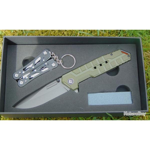 Pack EDC 3 Pi�ces - Couteau Pliant Liner-Lock  Aff�teur  Multi-outil Porte-cl�s