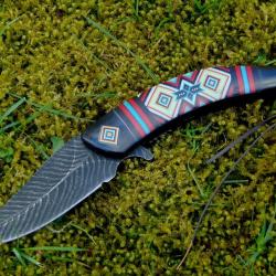 Couteau Pliant Style Am&eacute;rindien - D&eacute;cor Recto-Verso -  Dragonne Perles