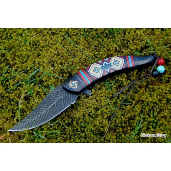 Couteau Pliant Style Am�rindien - D�cor Recto-Verso -  Dragonne Perles
