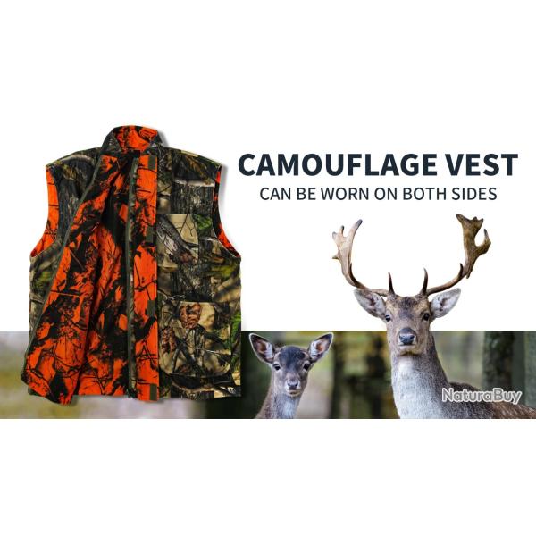 Blouson / Gilet de Chasse Homme Orange Camouflage - Polaire Respirante R�versible Multi-Poches