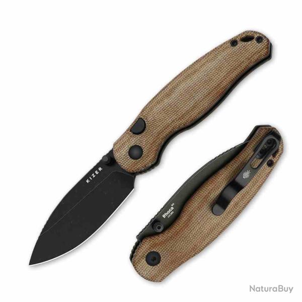 Couteau Kizer Phoca Lame Acier 14C28N Manche Micarta Brun Button Liner Lock KIV3781BDA1