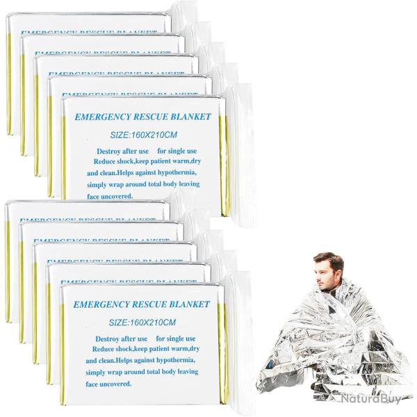 Lot de 10 couvertures de survie thermiques - 210x160cm - Or/Argent - Urgence/Chasse