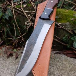 BIG Couteau Buscharft Survie Bowie Lame Acier Carbone 1075 Etui Cuir Manche Bois/R&eacute;sine Fab Artisan