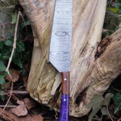 Couteau de Cuisine Style Japonais Santoku Lame Acier Damas 256 Couches Manche Bois/R&eacute;sine Artisanat