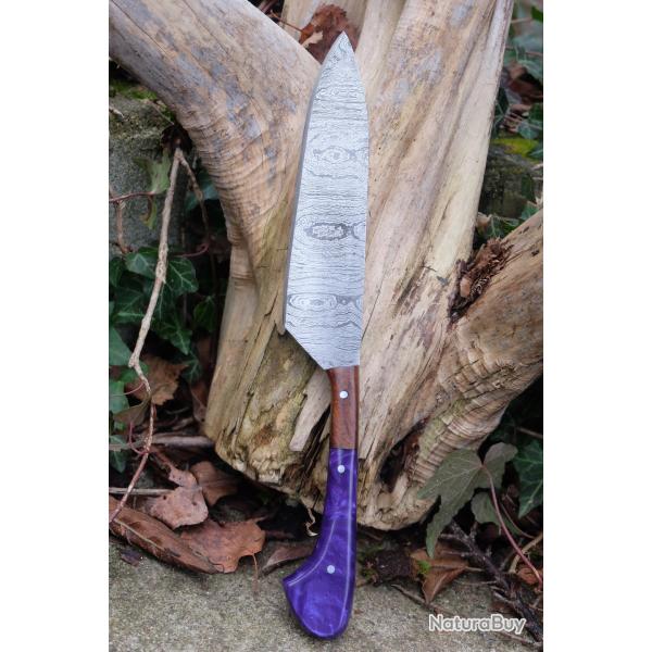 Couteau de Cuisine Style Japonais Santoku Lame Acier Damas 256 Couches Manche Bois/R�sine Artisanat