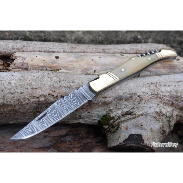 Couteau Damas Lame 128 Couches Fa�on Laguiole Abeille Manche Os & Laiton Tire Bouchons Fabr Artisan
