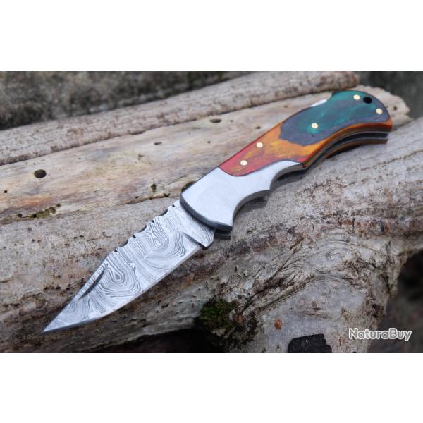 Couteau Lame Damas 128 Couches Manche Bois Arlequin Fa�on Buck 112 Lockback Fabr Artisanale