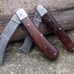 Lot de 2 Couteau Grand-P&egrave;re : Lame Serpette & Greffoir Damas 128 Couches Manche Bois Fabr Artisanale