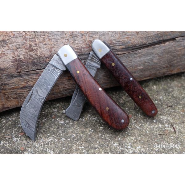 Lot de 2 Couteau Grand-P�re : Lame Serpette & Greffoir Damas 128 Couches Manche Bois Fabr Artisanale