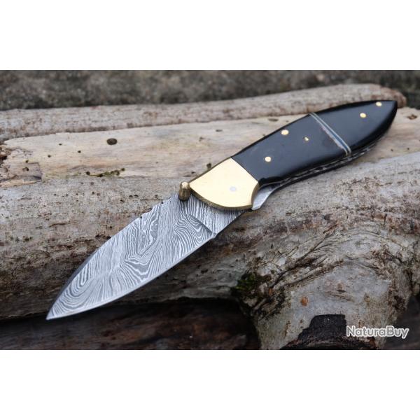 Beau Couteau Damas Lame Drop Point 128 Couches Manche B�lier & R�sine Fabric Artisanale Linerlock 01