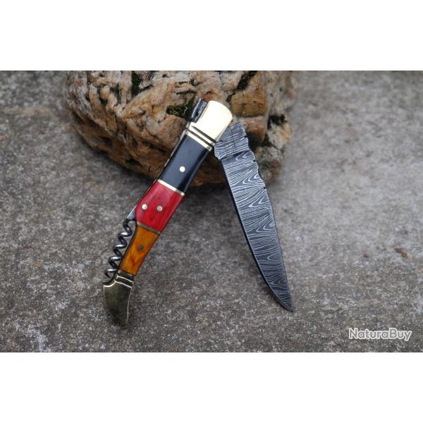 Couteau Damas Lame 128 Couches Fa�on Laguiole Abeille Manche Bois/Corne Tire Bouchons Fab Artisan