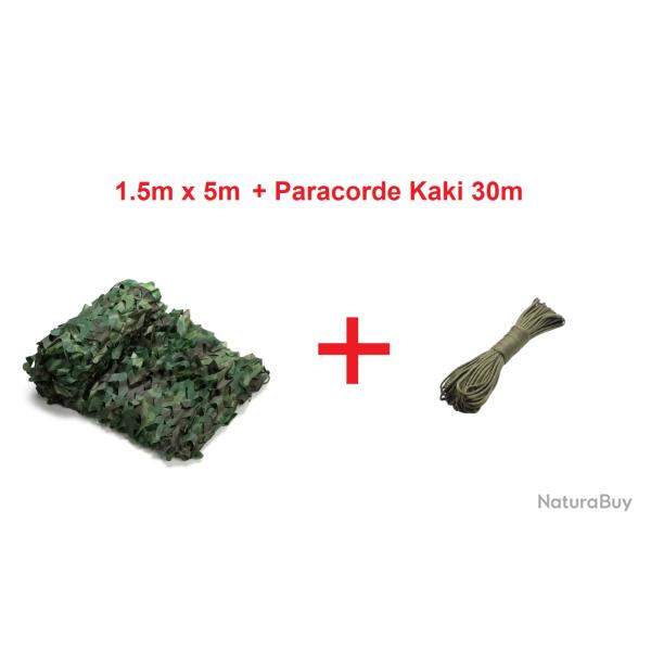 Filet de camouflage Jungle vert 1.5m x 5m + Paracorde 30m Kaki - Livraison gratuite